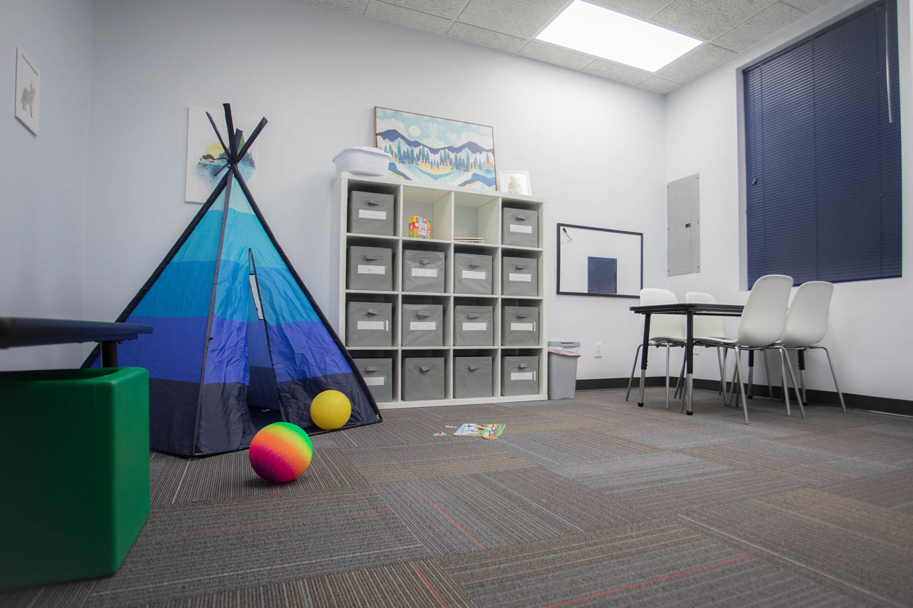 Professional therapy treatment room with white shelves contain grey containers and black & blue tent sitting on grey carpet